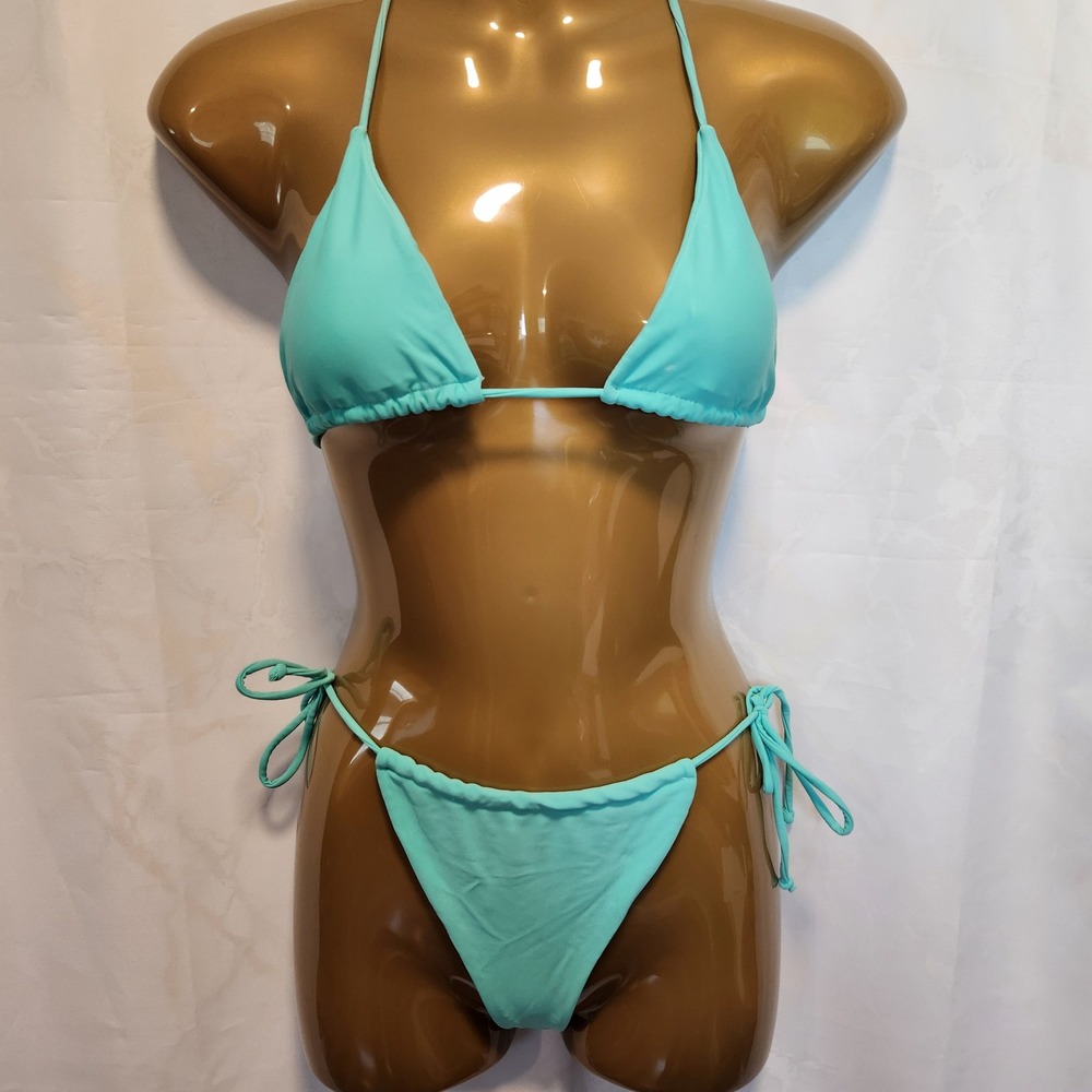 Unbranded Teal Bikini 2PC Size S Triangle Halter Top High Leg Side Tie‎ Cheeky
